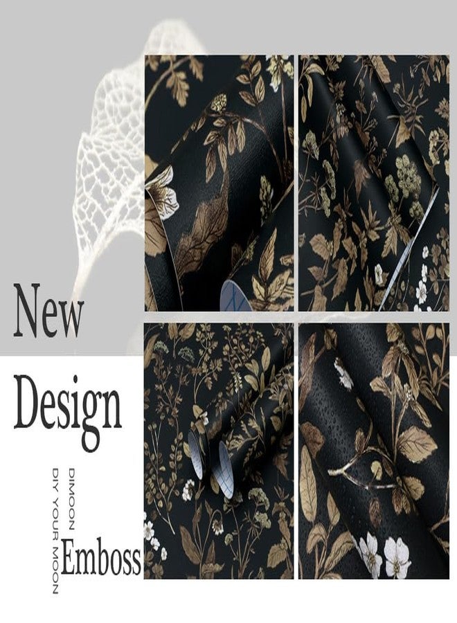 Dimoon 236"x17.3" Peel and Stick Wallpaper Contact Paper Black/Golden Floral Wallpaper Dark Floral Wall Paper Removable Vintage Self Adhesive Waterproof for Bathroom Shelf Moody Vinyl Roll Embossed - Image 2